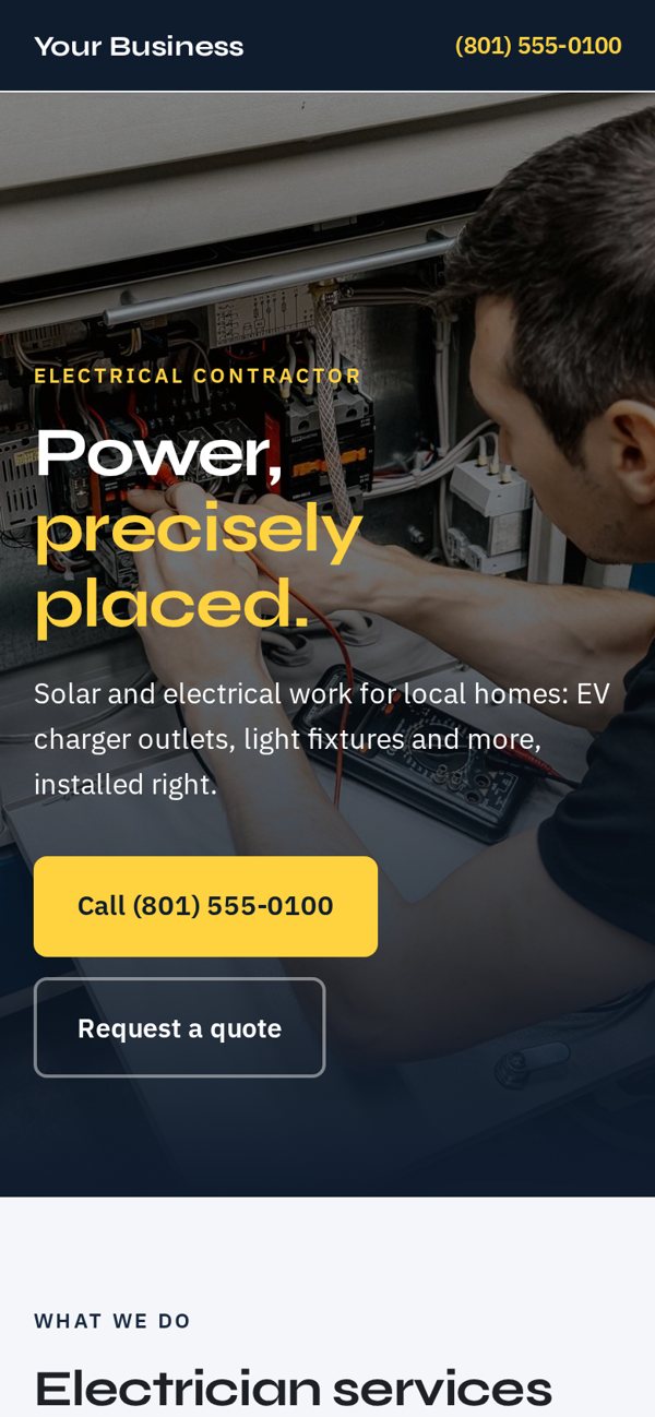 Example mobile website design for a Utah electrician
