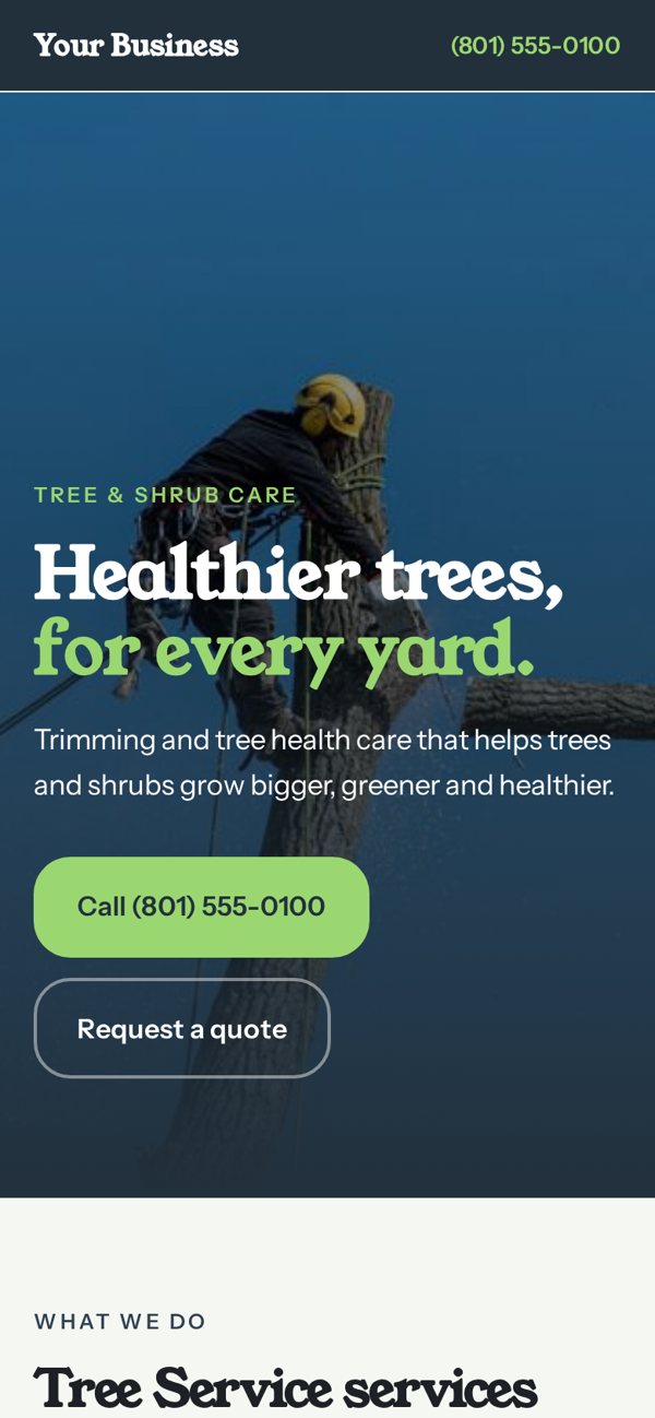 Example mobile website for a Utah tree care company
